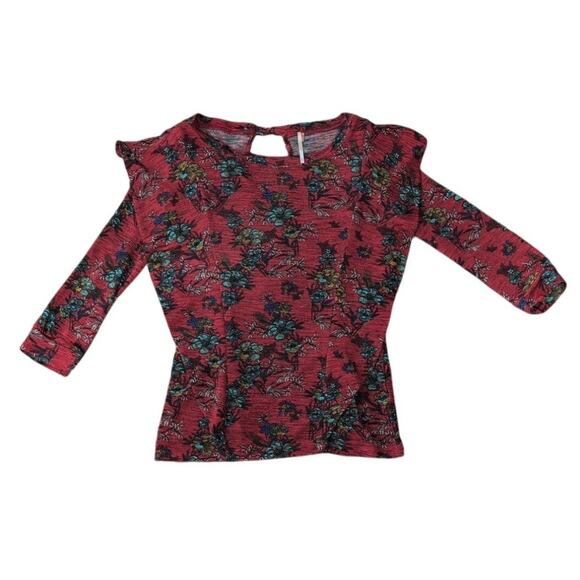 Free People Dock Street Red Floral Ruffle Stretch Top – Size XS - Picture 2 of 6